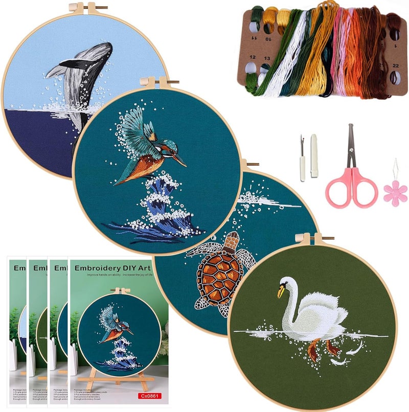 COCOMOX 4 Sets Embroidery Kit for Beginners, Hand Embroidery Stiches Practice Kit for Adults, Dolphin Swan Turtle Hummingbird Pattern Embroidery Kit, Craft Hand Stitch DIY Kit - Image 1